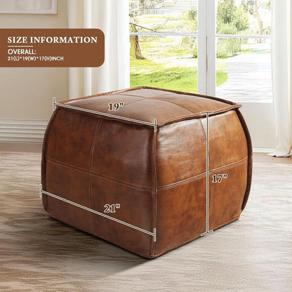 Authentic Brown Leather Ottoman Square Memory Foam