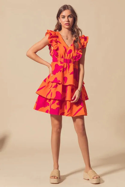 SO ME Floral V Neck Layered Dress with Elasticized Waist