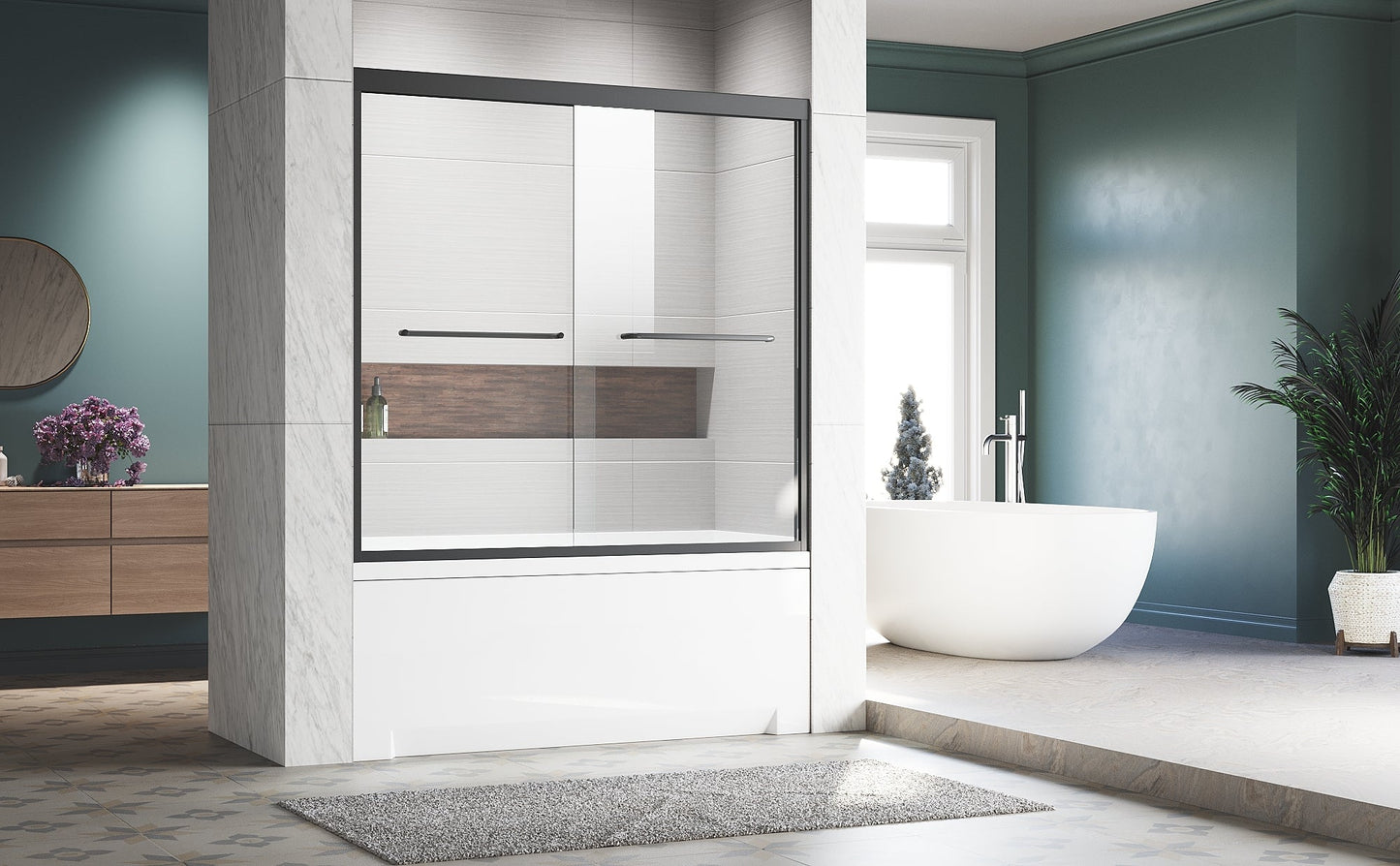 Sliding Glass Tub Door 56-60 in. W x 57 in. H, Matte Black Semi Frameless Dou