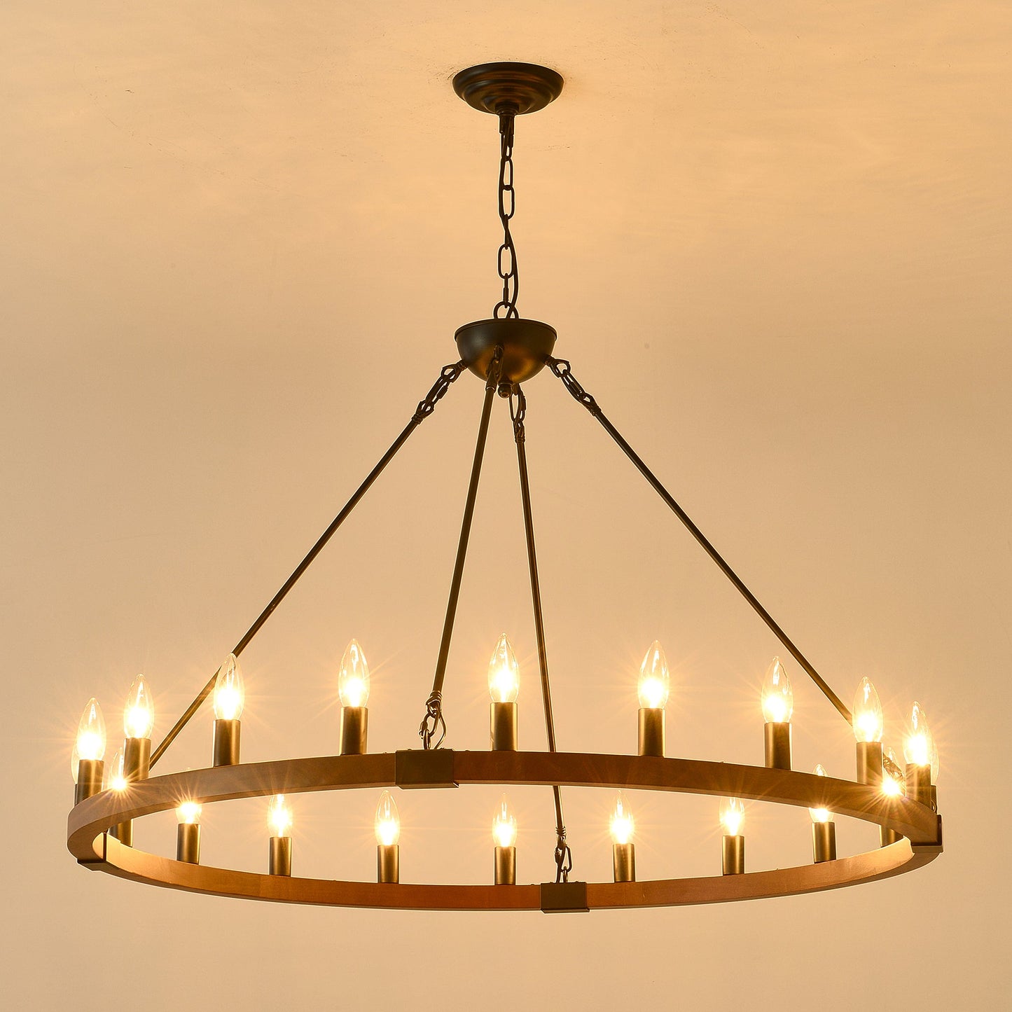 Chandelier Wood Wagon Wheel 20-Light Farmhouse Matte Black 39.3 In
