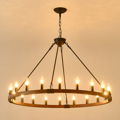 Chandelier Wood Wagon Wheel 20-Light Farmhouse Matte Black 39.3 In