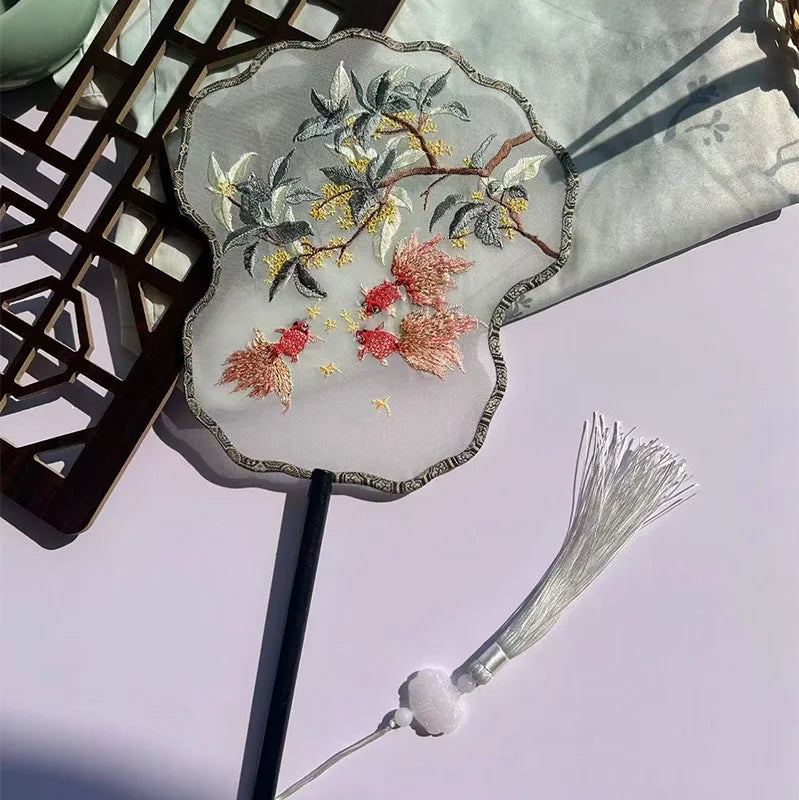 Ancient Style Fan Chinese Style Hanfu Dance Shooting Long Handled Embroidered Classical Double Sided Fan Female Decorative Fan