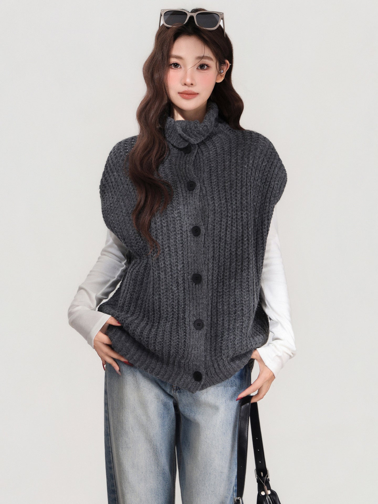 Grey Lapel Knitted Vest Sweater Warm Coat Women's Autumn And Winter Innerwear Top