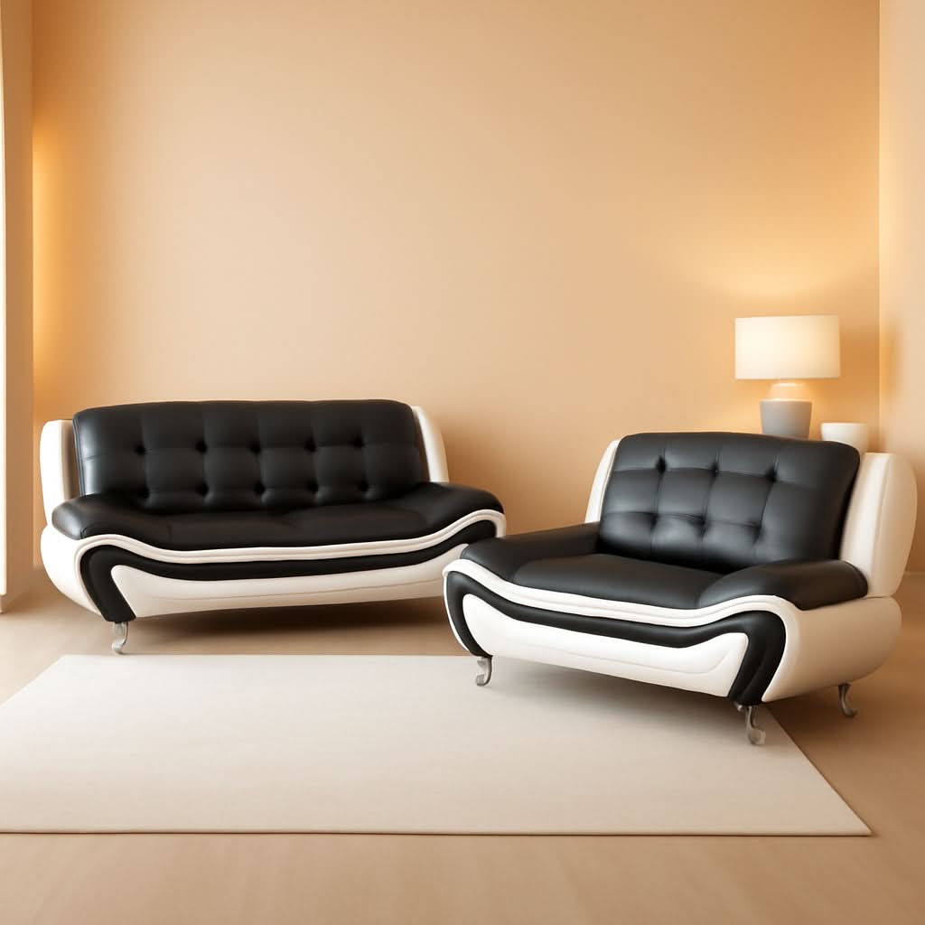 Leather Sofa Set With Loveseat For Living Room Black White