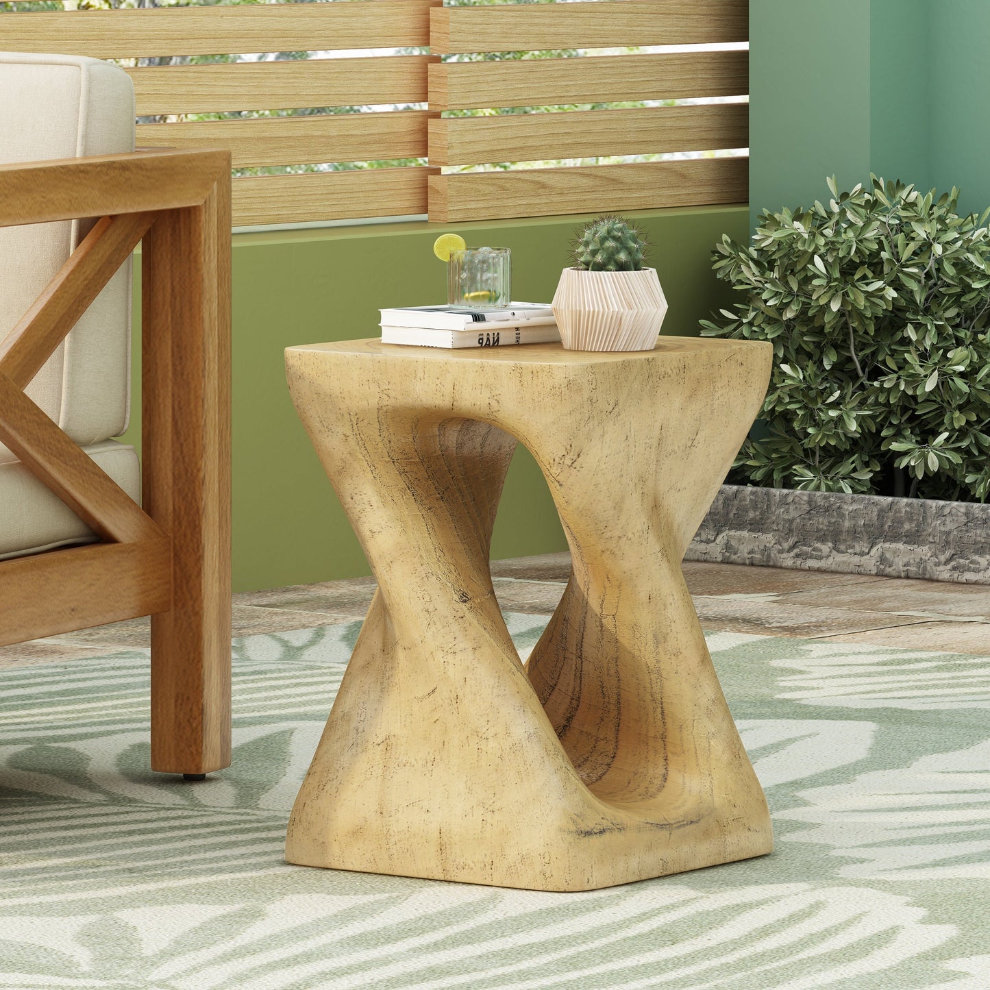 MGO Twist Shape Side Table, Wood-like Texture, Natural, 11.75x11.75x17 in