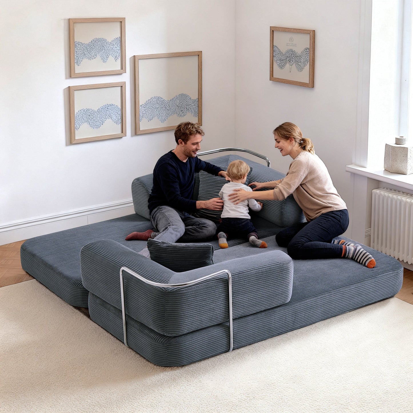 Sofa Bed Floor 5-in-1 Corduroy Gray Convertible Pillow Blanket 74.8 In