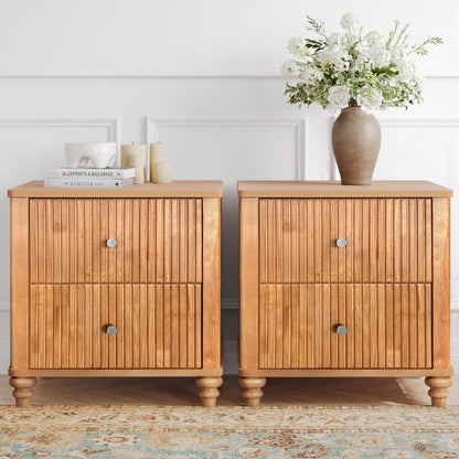 Mid Century Fluted Nightstand with 3 Drawers, 21.65 in Wide, Natural, 2-Piece