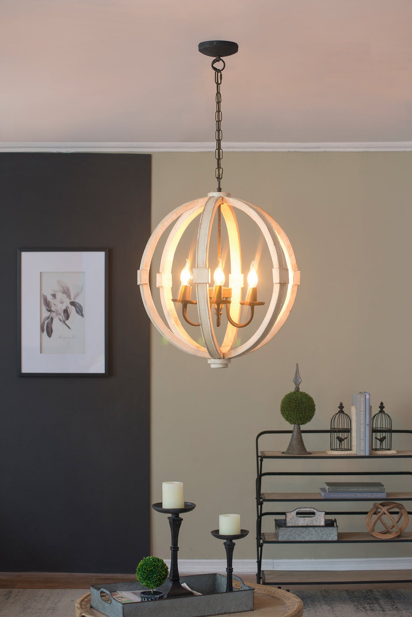 Chandelier 6-Light Wood Hanging Adjustable Chain Kitchen Dining Room