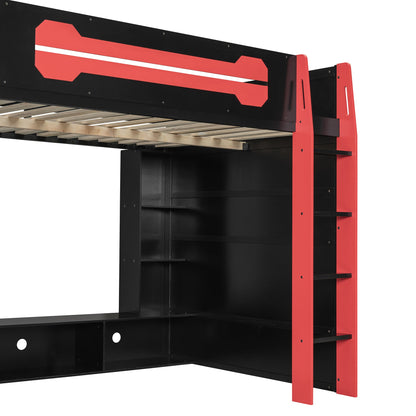 Full Size Wood Loft Bed with Desk, Multi-storage Shelves and RGB Light, Red