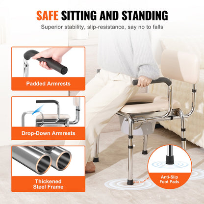 Commode Chair Padded Seat Drop-Down Arms 7-Level Adjustable Steel 350 LB