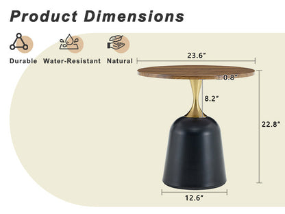 23.6 in Round Side Table, Metal Base, Walnut Wood Grain, Living Room Office