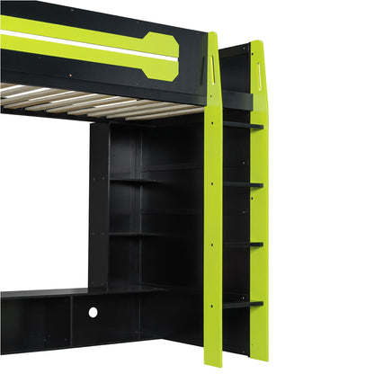 Twin Size Wood Loft Bed with Desk, Multi-storage Shelves and RGB Light, Green