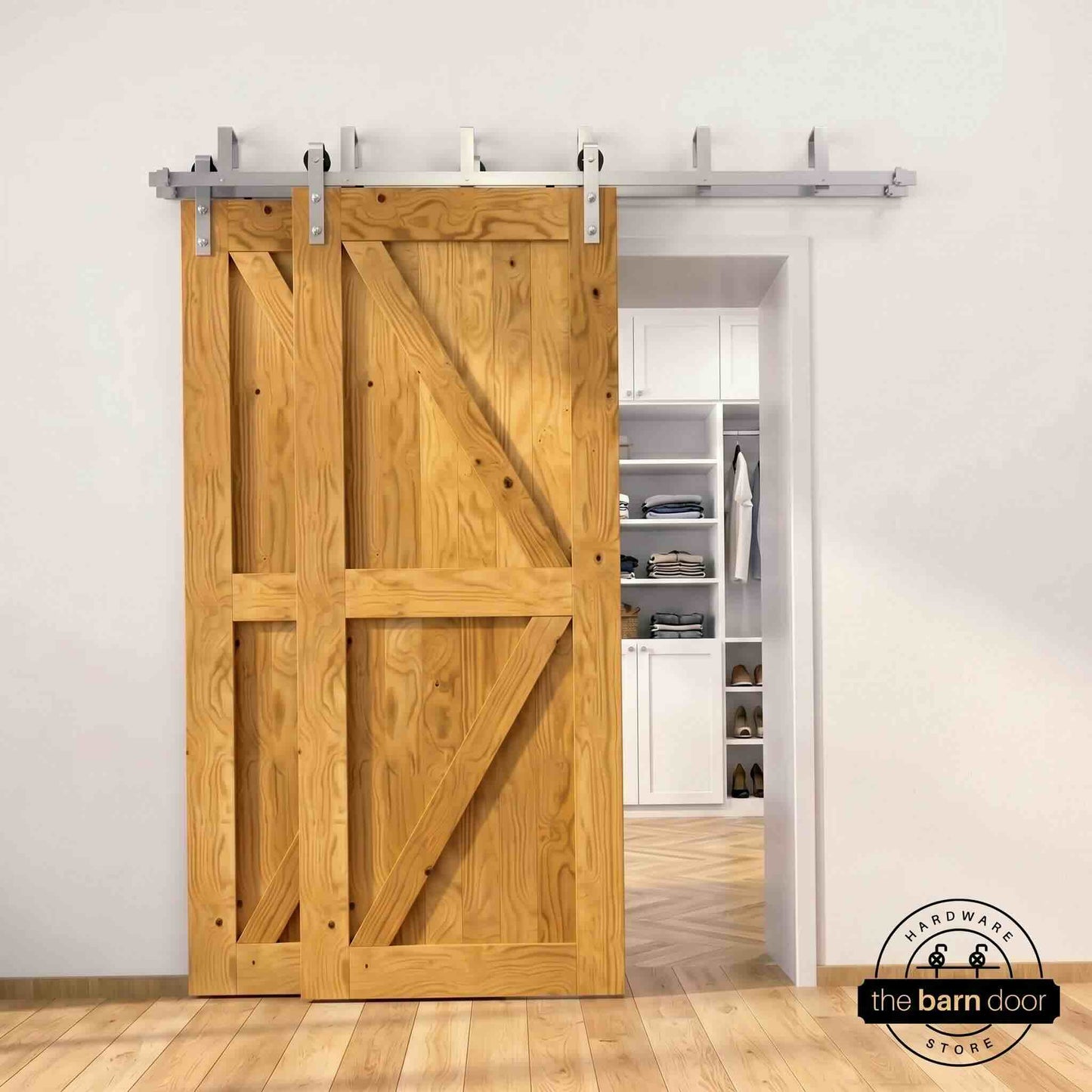 Classic Double Bypass 2 Door Barn Door Kit | Brushed Nickel Hardware