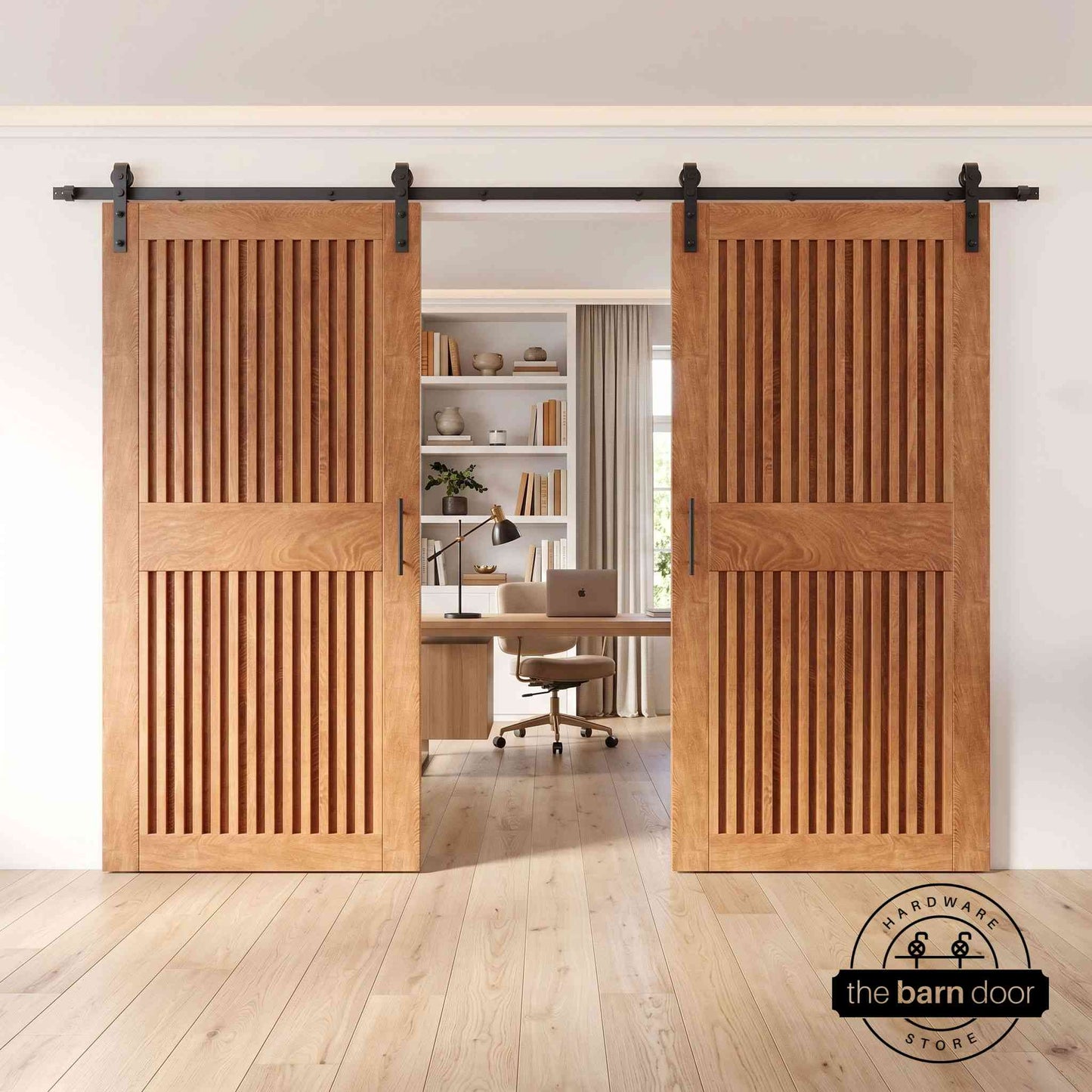 Vertical Slat Double Door Barn Door Kit | Black Barn Door Hardware
