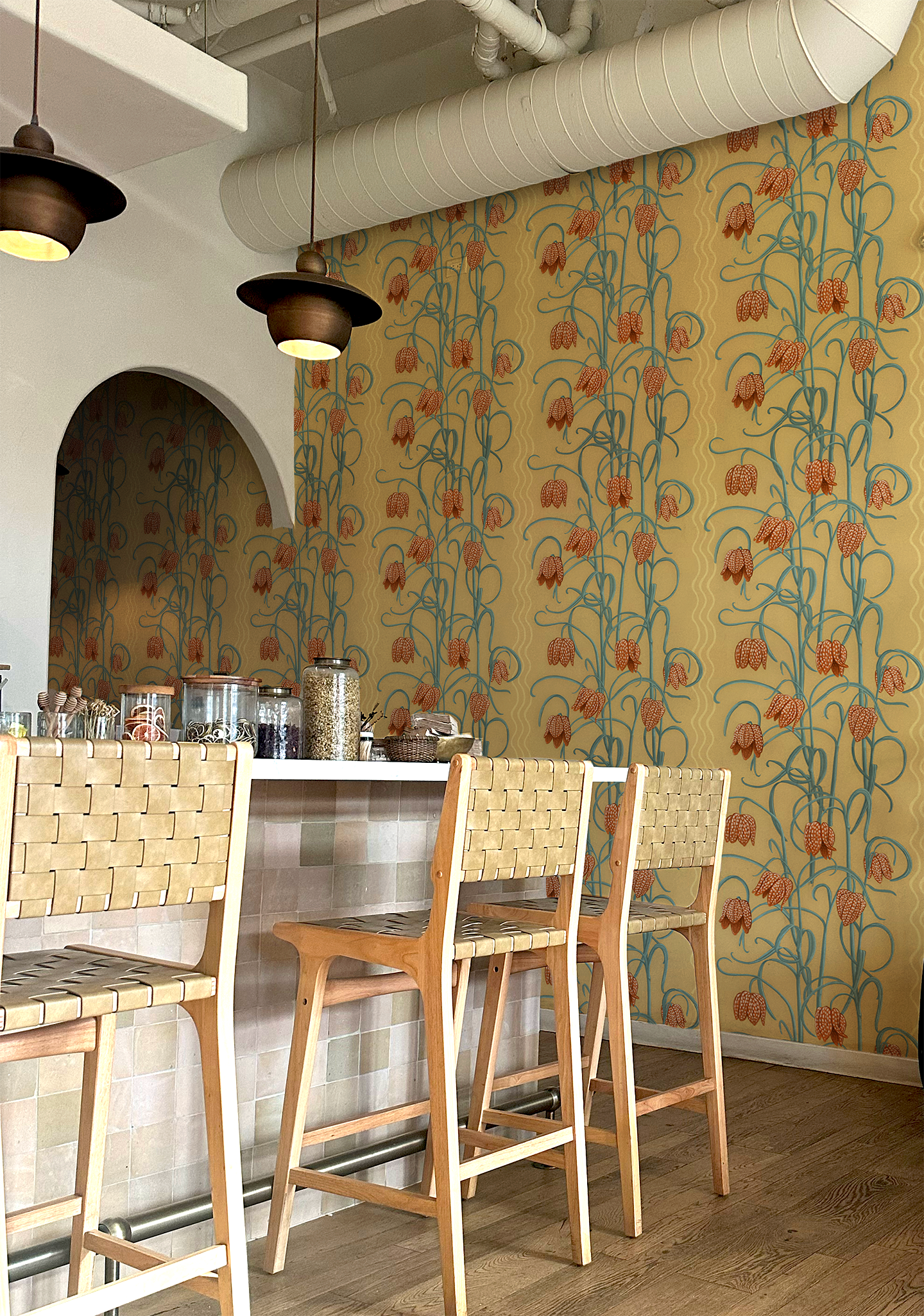 Campanas Wallpaper, butter yellow and slate blue