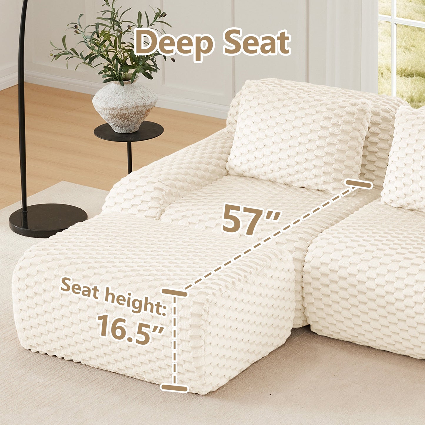Sectional loveseat L-Shape Flannelette Cream 2 Seat with Ottoman 82 In
