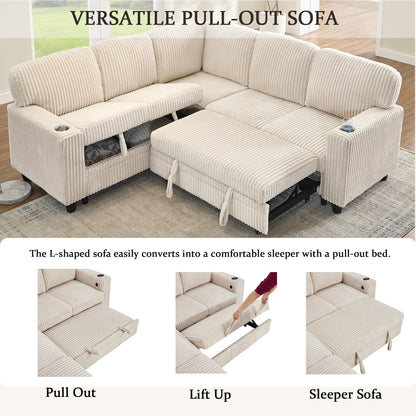 Sofa Bed L-Shape Corduroy Beige 5 Seat Pull-Out USB Ports 81 In