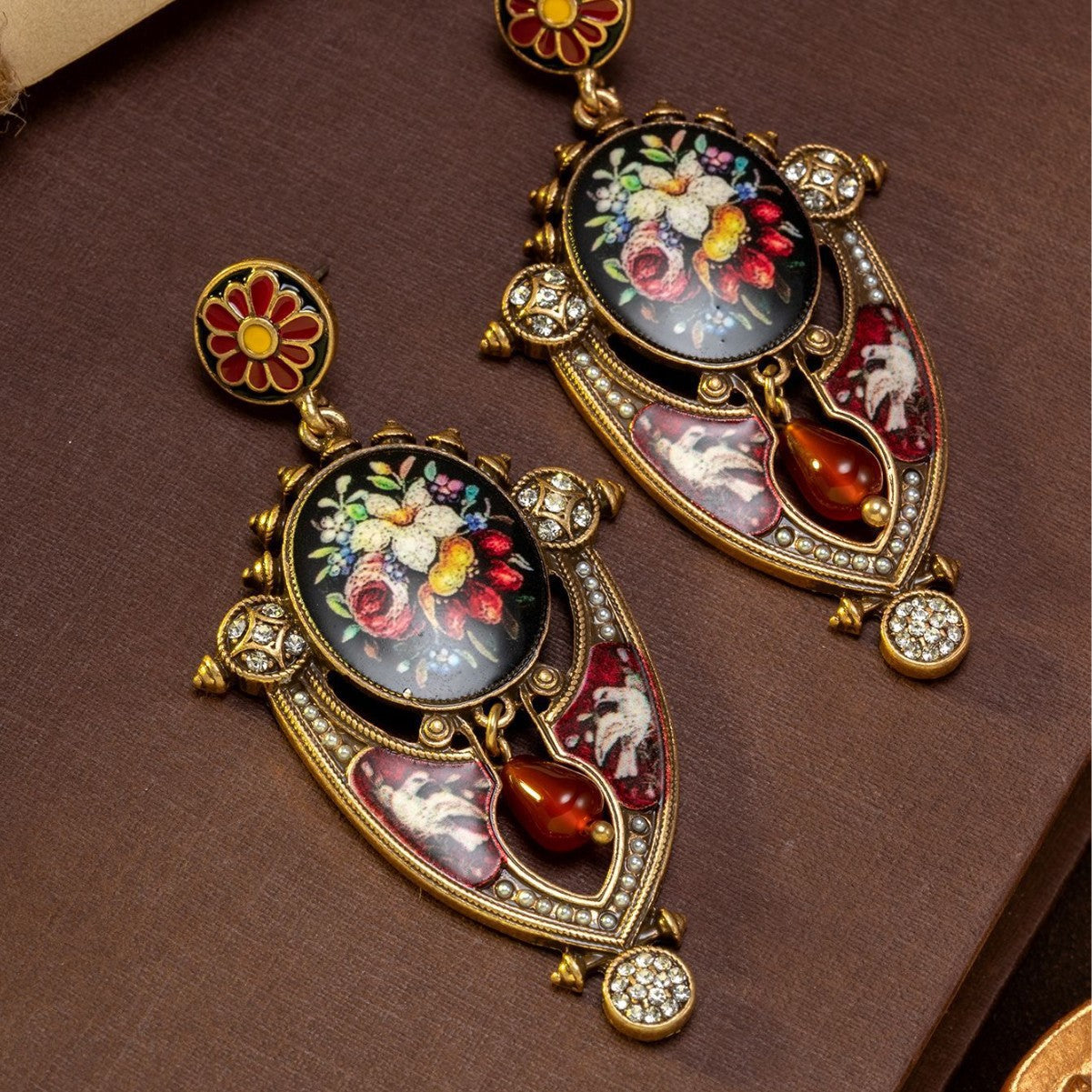 Floral Mural Shield Stud Earrings Regal And Elegant