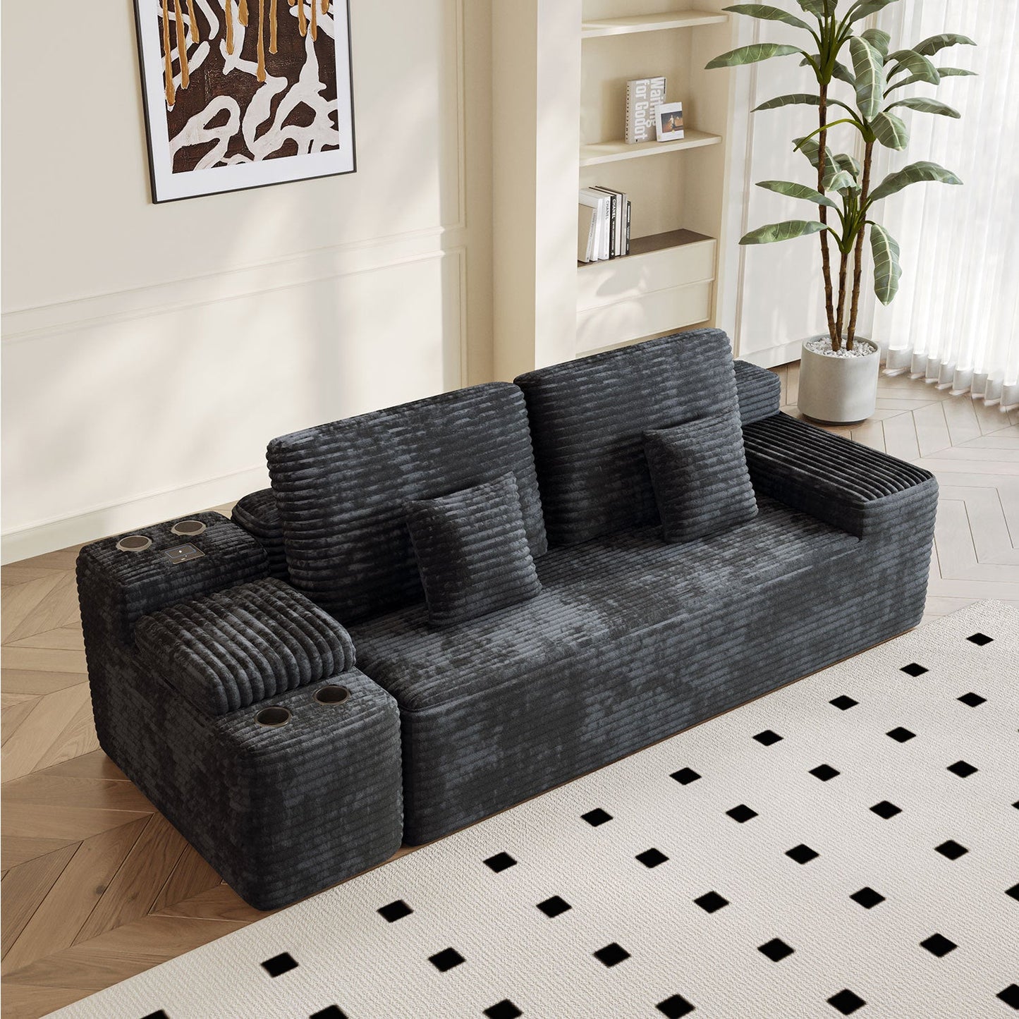Sectional Sofa U-Shape Corduroy Black 6 Seat USB Bluetooth 150 In