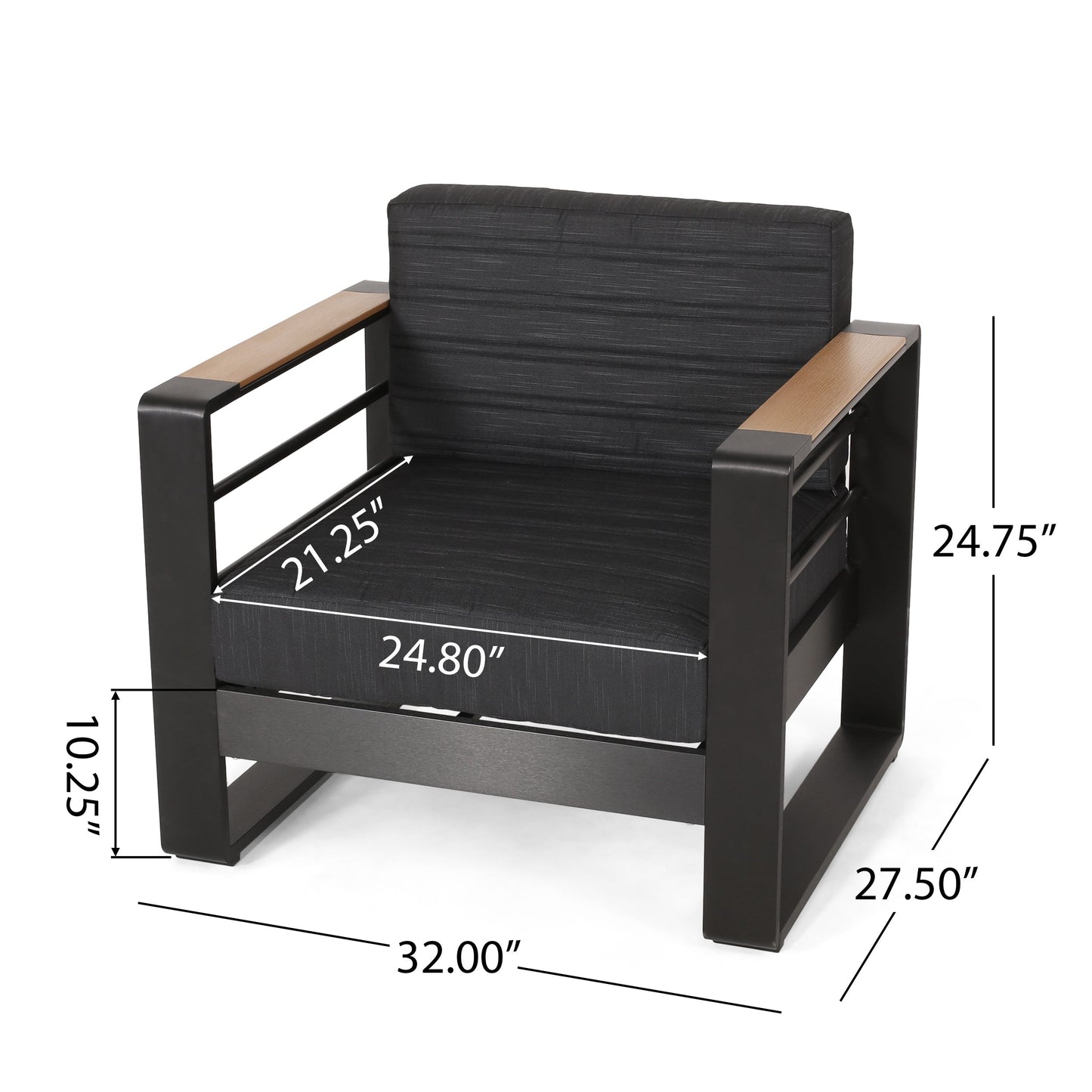 Outdoor Club Chair Aluminum Black Slat Design Water-Resistant 32x27.5x24.75 In