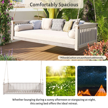 Outdoor Swing Bed Acacia Wood White Twin Size Minimalist 79.1x41.3 In 350 LB
