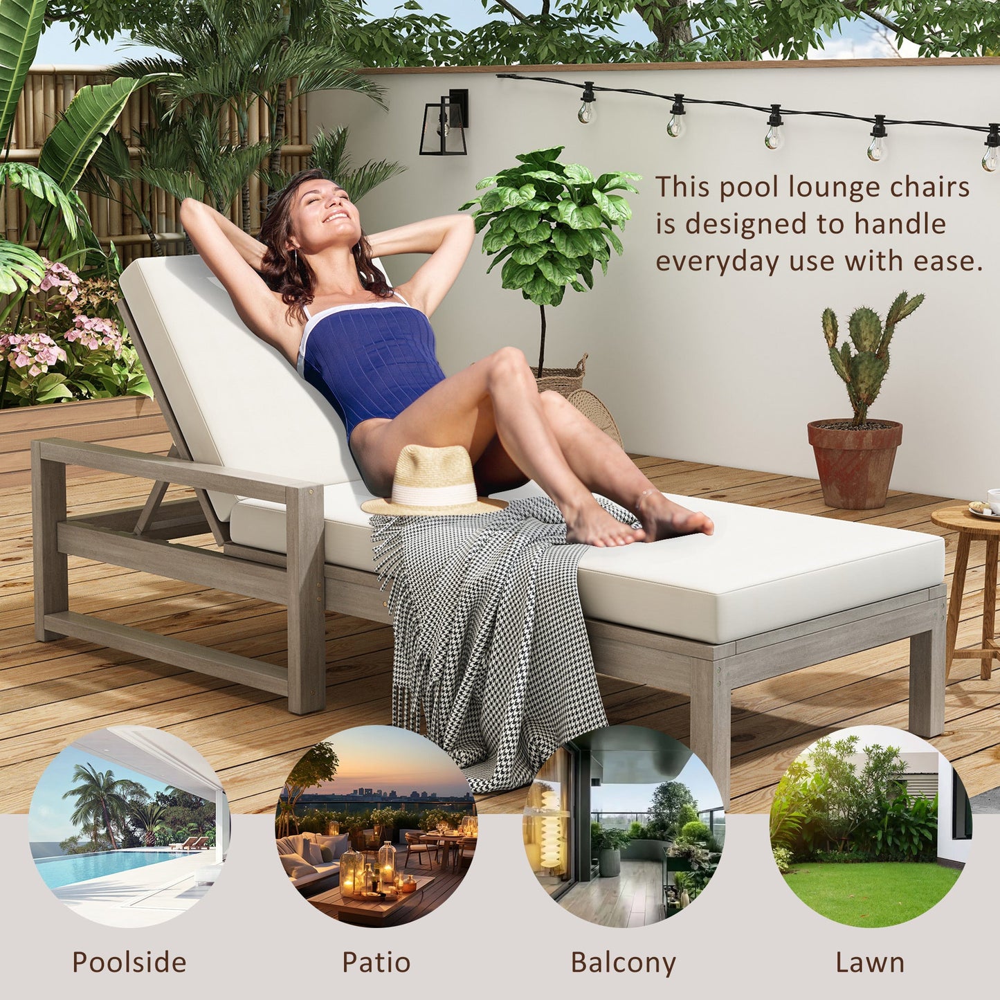 Chaise Lounge Acacia Wood Gray Beige Cushion 5 Position 400 LB