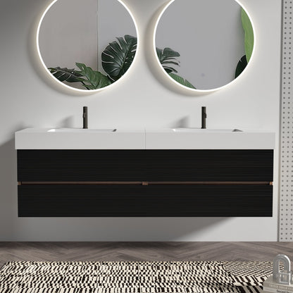72'' Double Bathroom Vanity with Matt Black Quartz Sink Soft Black Drawers Wall Mount