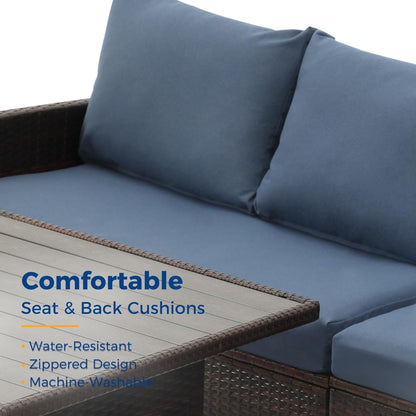 Outdoor Dining Set PE Rattan Brown Blue 7 Piece Seats 8