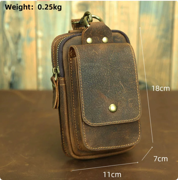 Retro Top Layer Cowhide Phone Bag, Crazy Horse Leather Men's Belt Waist Bag
