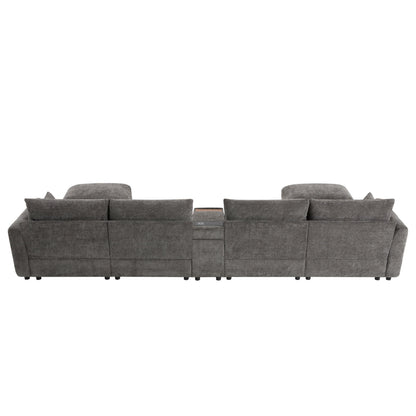 Sectional Sofa U-Shape Chenille Gray 6 Seat USB Console 136 In