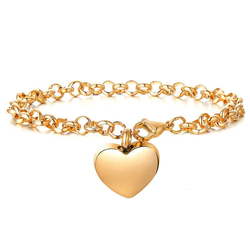 European And American-style Stainless Steel Round Pearl Chain Bracelet With A Heart Shape