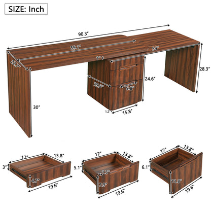 90' Modern L Shaped Desk in Walnut with 3 Drawers,360deg Wood Rotating Desk,Exe...