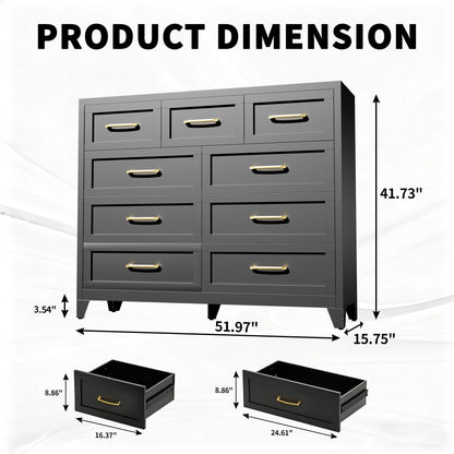 Dresser Tall 9-Drawer Black Steel Smooth-Glide 47.3x15.8x39 In