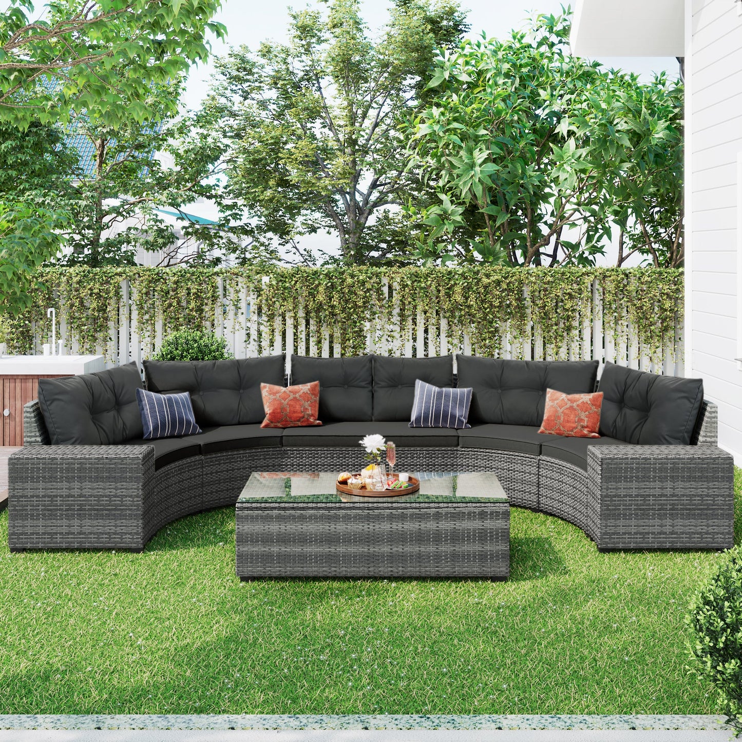 Outdoor Sectional Set PE Wicker Steel Gray Half Moon 8 Piece 250 LB