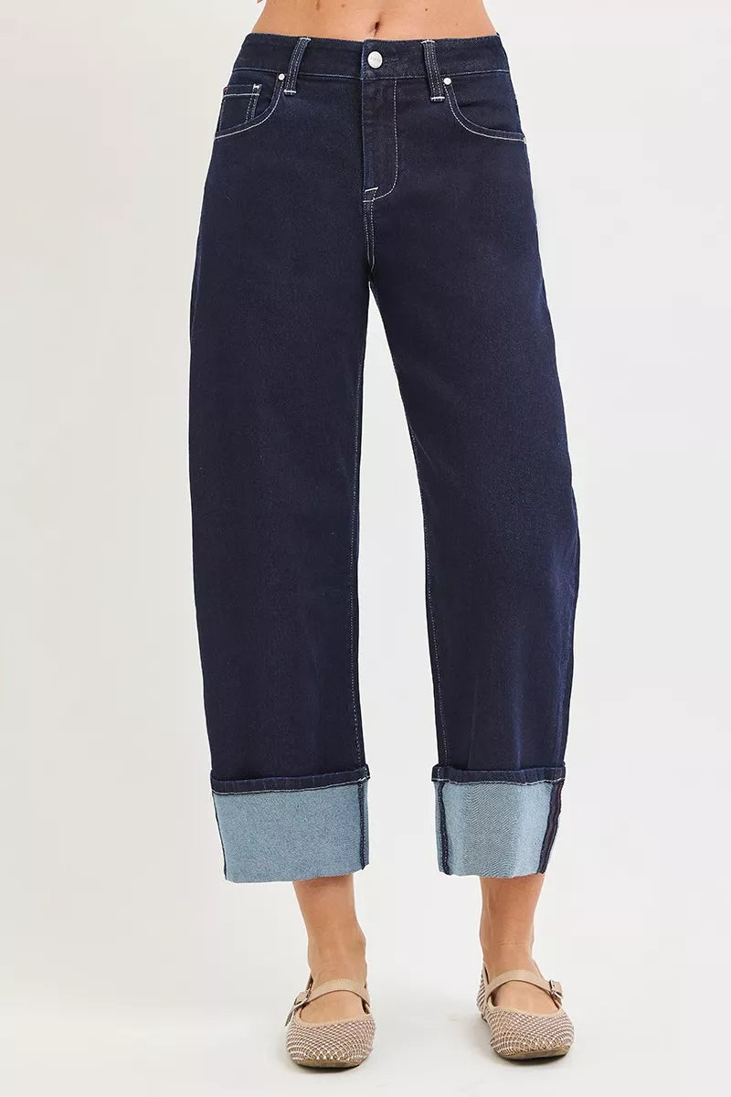 RISEN Slouchy Crop Barrel Cuffed Hem Jeans
