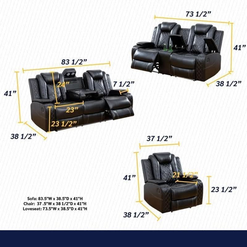Black Power Recliner Sofa Set With LED And USB Charging