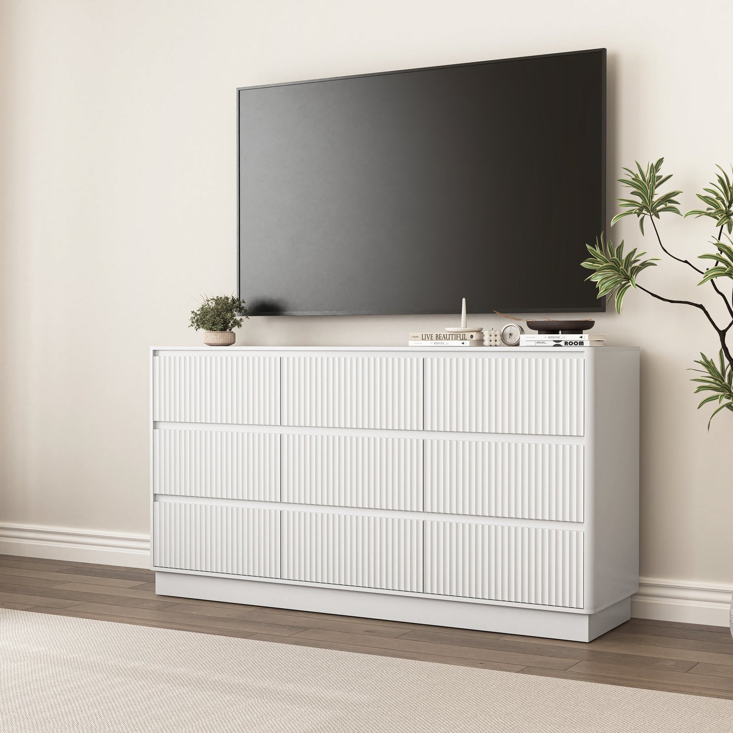 Dresser Mid-Century 9-Drawer White Wave No-Handle 59.1x15.7x31.6 In