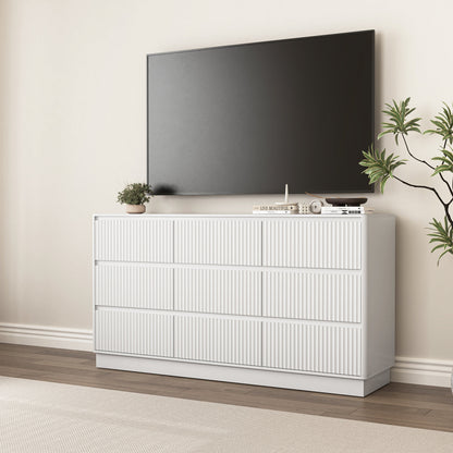 Dresser Mid-Century 9-Drawer White Wave No-Handle 59.1x15.7x31.6 In