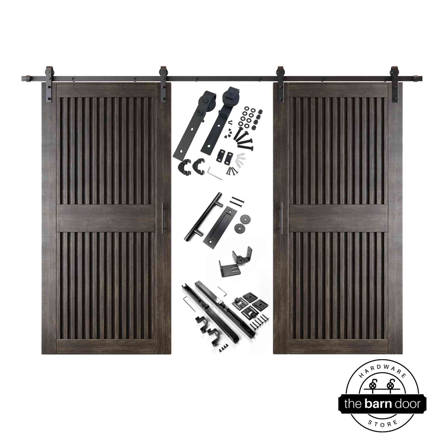 Vertical Slat Double Door Barn Door Kit | Black Barn Door Hardware