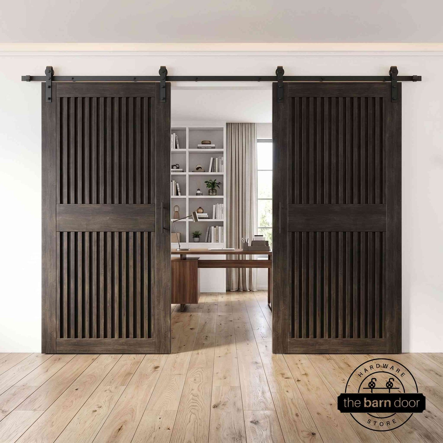 Vertical Slat Double Door Barn Door Kit | Black Barn Door Hardware