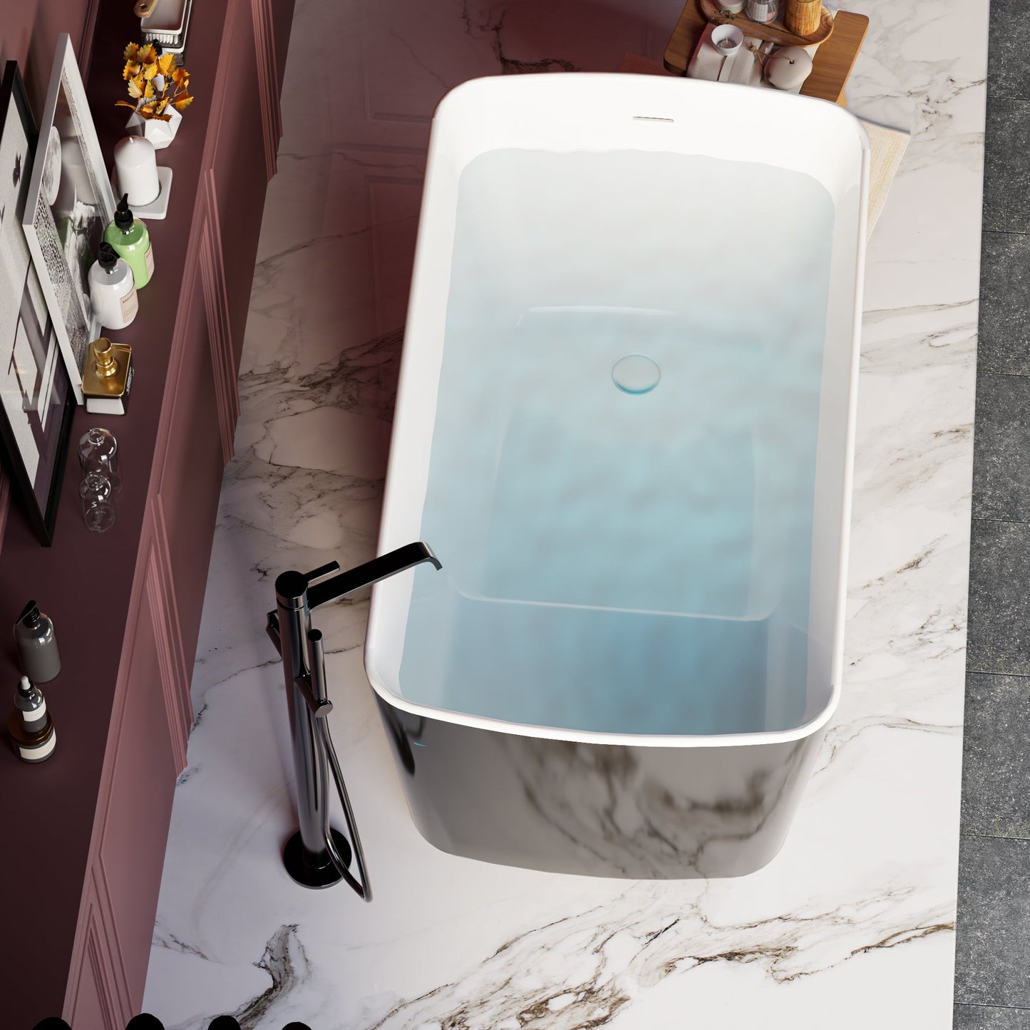 49in Acrylic Freestanding Soaking Bathtub, Square Japanese Sit-In, Glossy Blac
