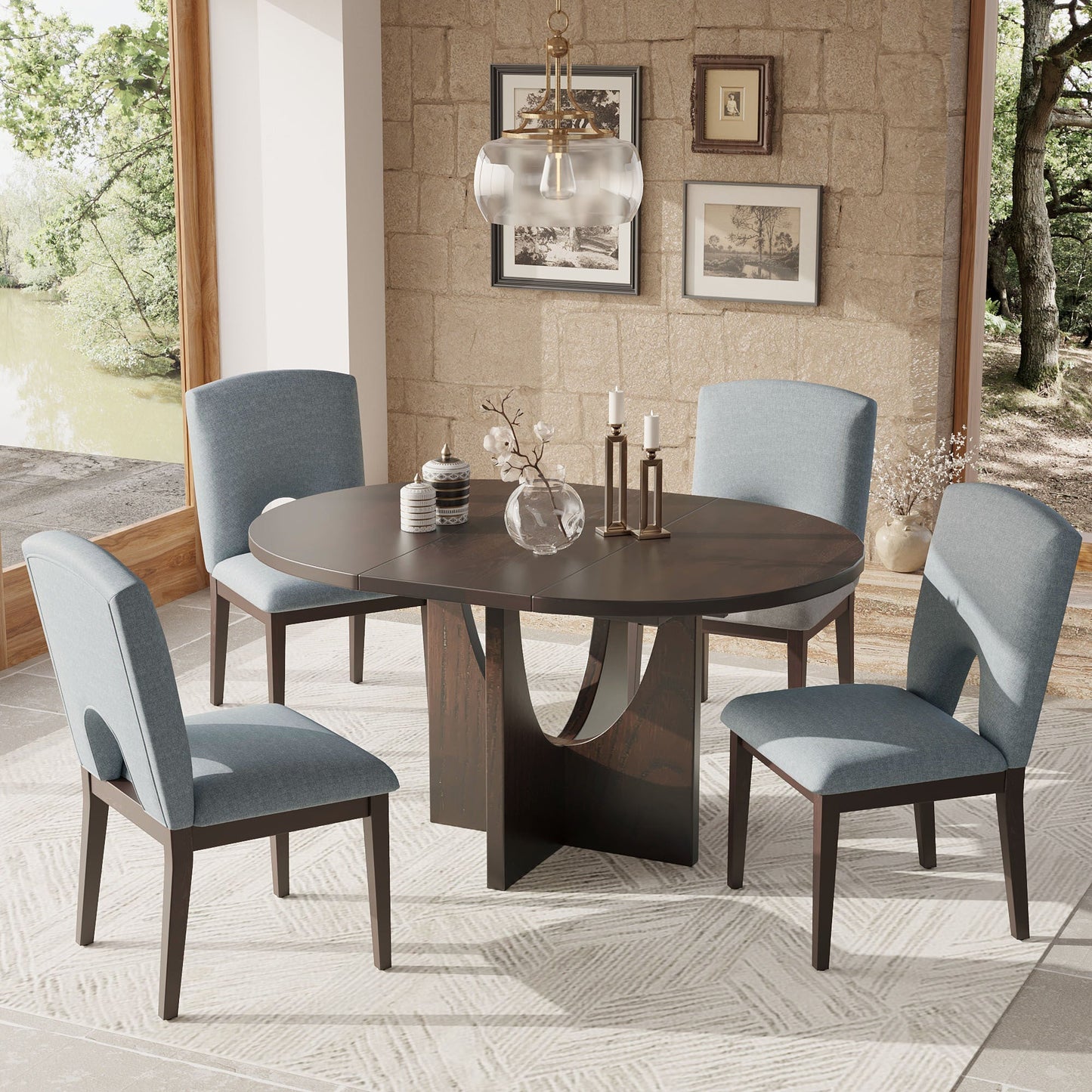Modern 5-Piece Extendable Round Dining Table Set with 16.2inch Removable Leaf