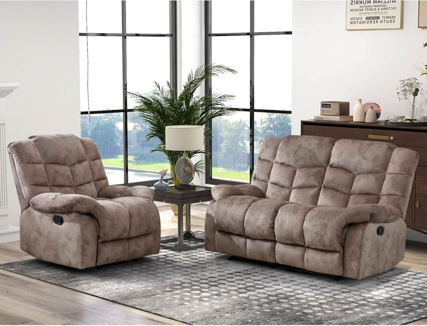 Manual Two Seat Loveseat Recliner Sofa Light Brown