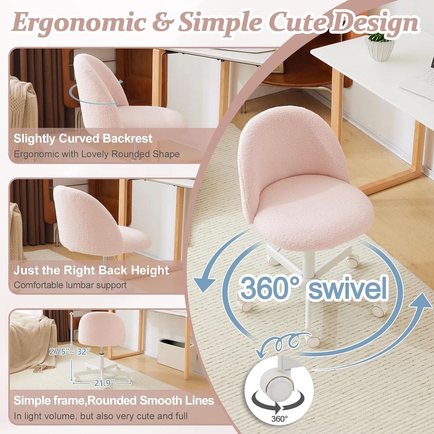 Pink Teddy Desk Chair With Lumbar Support And Wheels