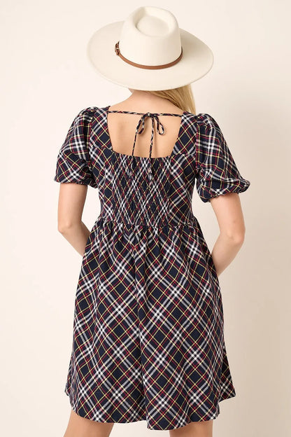 Mittoshop Checkered Print Puff Sleeve Babydoll Mini Dress