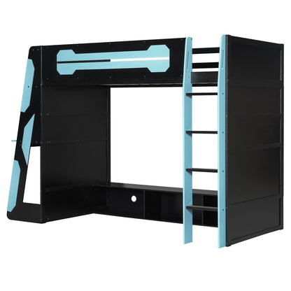 Twin Size Wood Loft Bed with Desk, Multi-storage Shelves and RGB Light, Cloud