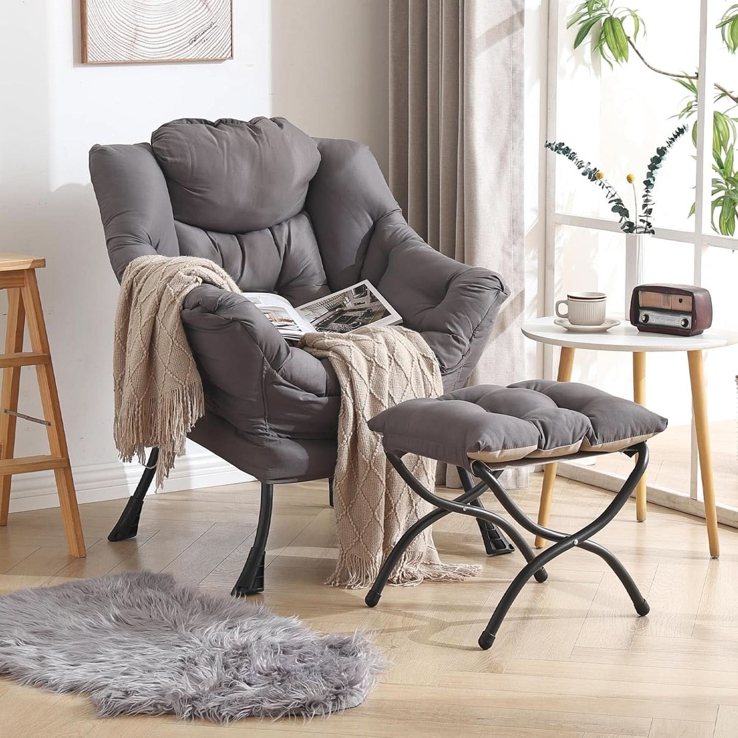 Dark Grey Lazy Chair With Ottoman Footrest And Side Pocket