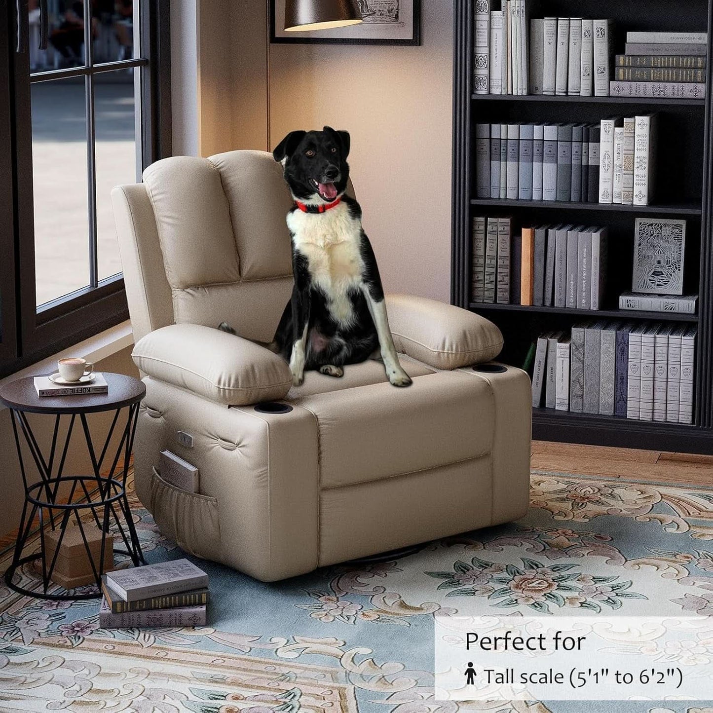 Beige Leather Manual Recliner Chair With Cup Holders