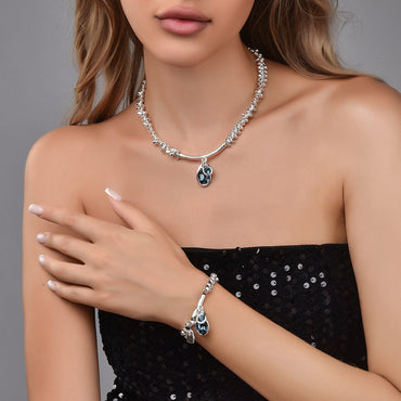 Twisted Gold Bead Blue Zircon Charm Bracelet For Women, Oval & Round Ocean Blue Cubic Zirconia Dainty Luxury Fashion Jewelry