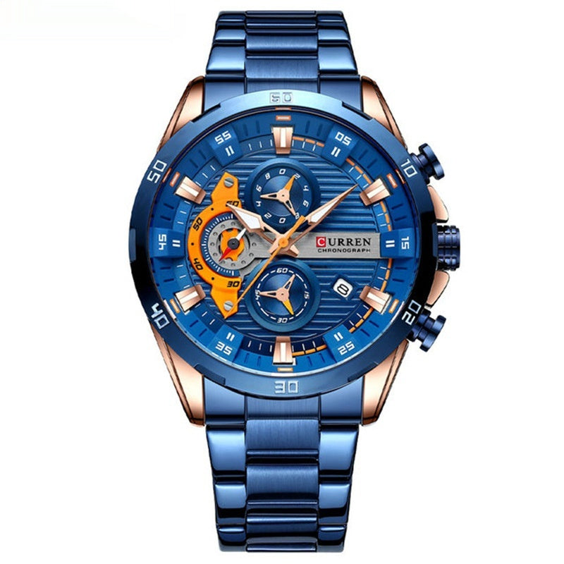 Mens Six-Hand Steel-Strap Motorcycle Watch